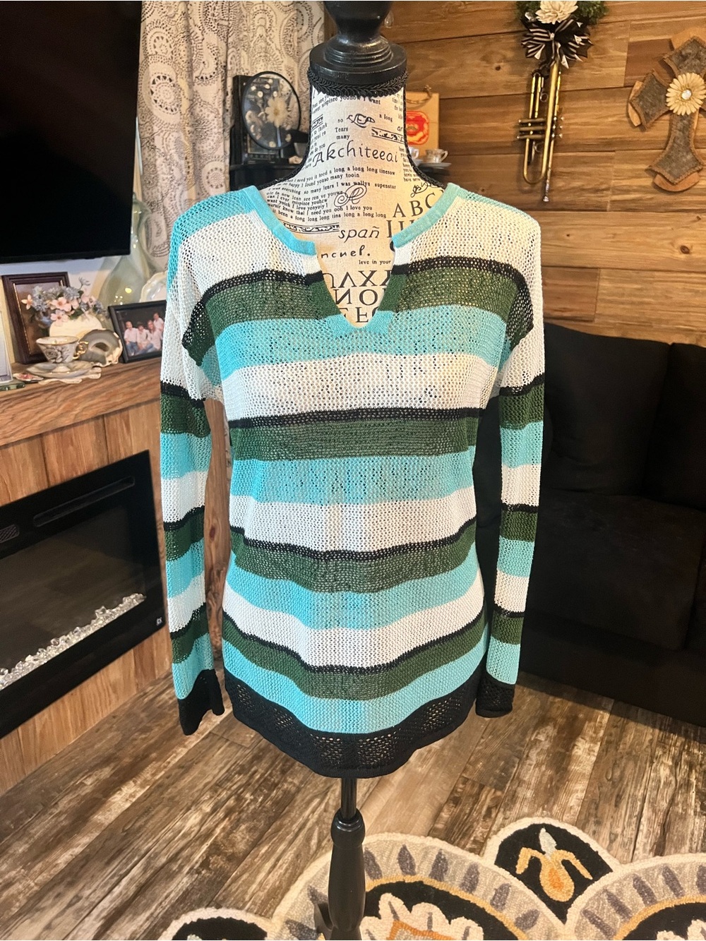 Talbots Aqua, White & Black Striped Open-Knit Sweater